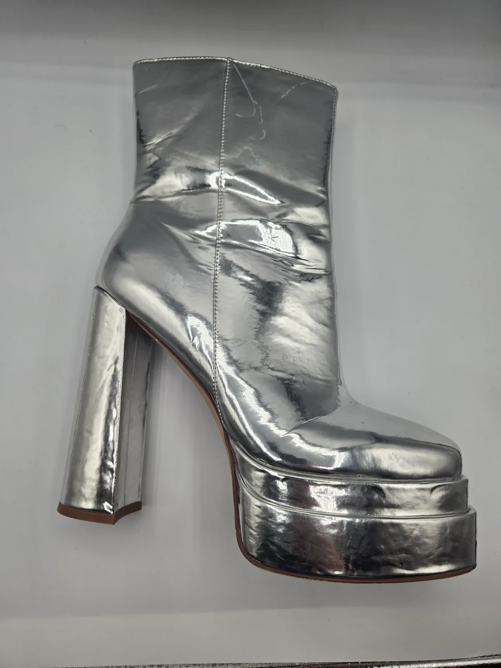 Azalea Wang Silver Mirror Platform Ankle Boots Disco GoGo Block Heel Size 8